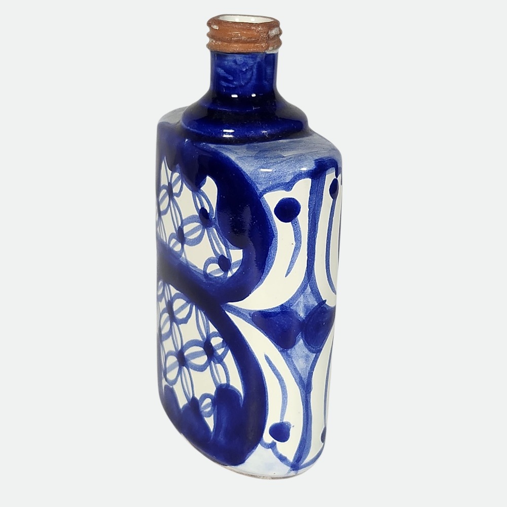 Mexican Talavera Pottery Bottle Flask Cobalt Blue White Hand Painted Mexico - Picture 2 of 11